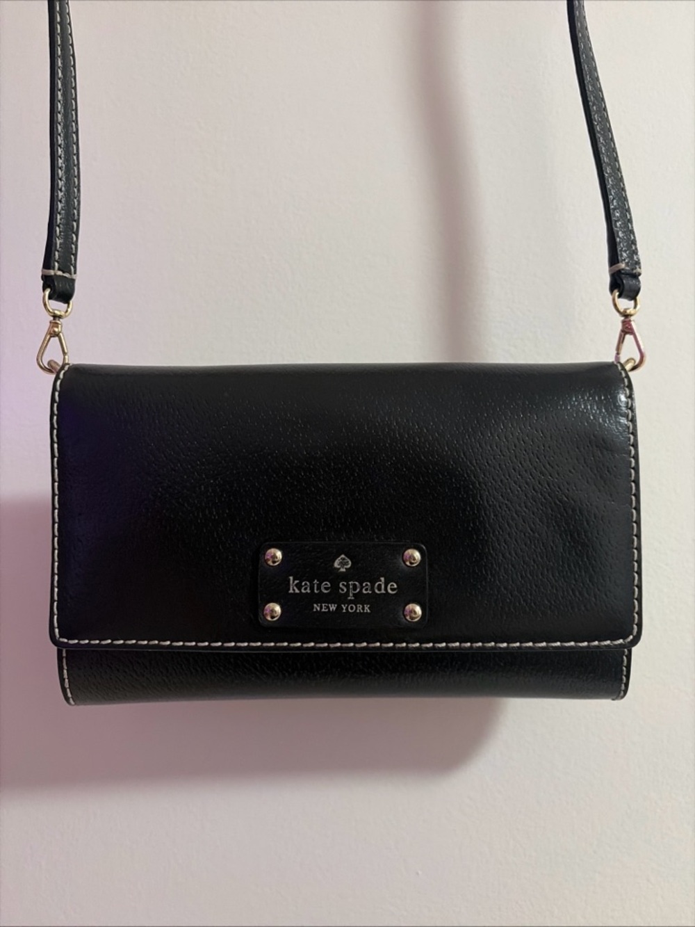 kate spade Black Leather Crossbody White Stitching Bag Purse Flap Snap Closure